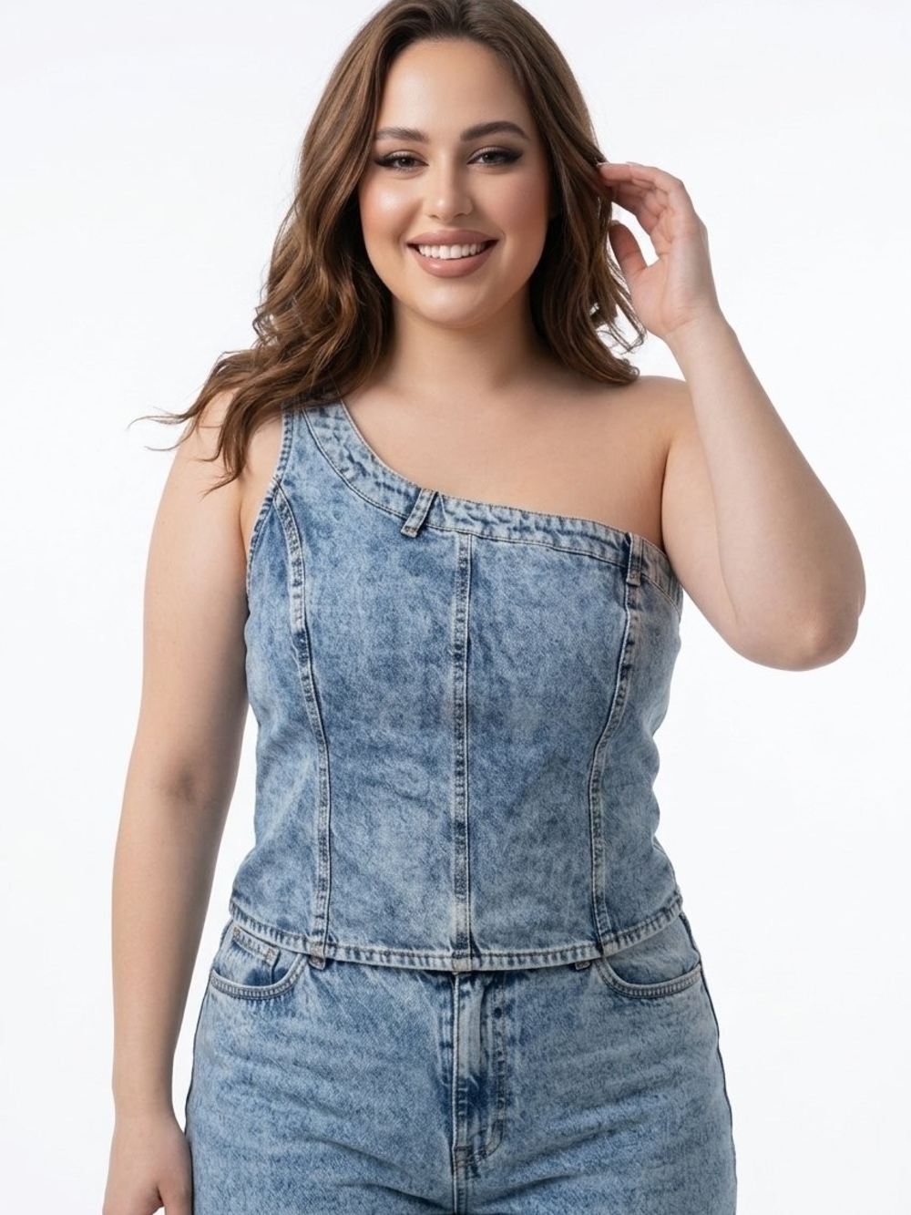 Asymmetric One-Shoulder Light Blue Acid Wash Denim Top